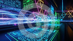 Futuristic Digital Interface with Neon Graphs and Data Streams technology
