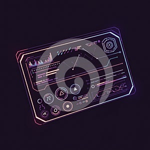 Futuristic digital interface with neon holographic elements. It features neon blue and