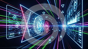 Futuristic Digital Interface with Neon Lines and Data Streams in Motion technology