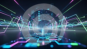 Futuristic Digital Interface with Neon Lines and Data Streams technology