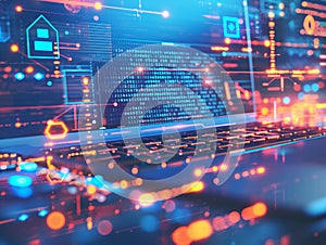 Futuristic Digital Interface Over Laptop Keyboard