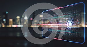 Futuristic digital interface overlay with glowing lines and binary code set against a