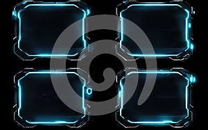 Futuristic digital interface panels with glowing blue frames against a dark background