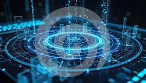 Futuristic Digital Interface Platform With Glowing Holographic Circular Data Visualization
