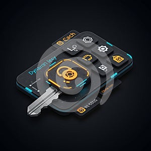 Futuristic digital interface resembling a key. The design features a metallic key