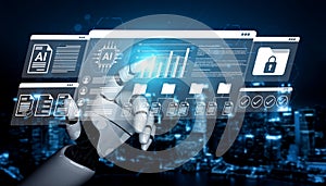 Futuristic Digital Interface with Robotic Hand Interacting with Virtual Data and AI Elements in a Modern City Background