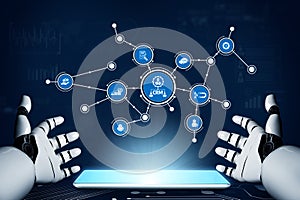 Futuristic Digital Interface with Robotic Hands Interacting with Customer Relationship Management Technology and Data