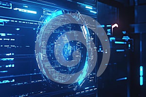 Futuristic digital interface showcasing advanced technology in a dark environ