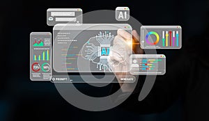 Futuristic Digital Interface Showcasing AI Technology with Data Visualizations and User Interaction Elements for Modern