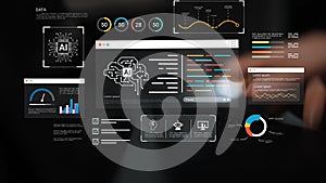 Futuristic digital interface showcasing artificial intelligence concepts with graphs, data visualizations, and