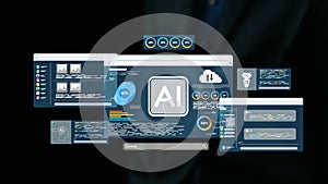 Futuristic digital interface showcasing artificial intelligence data analytics with charts, graphs, and user metrics in