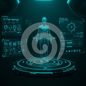 Futuristic digital interface showcasing a 3D holographic figure on a circular platform. photo