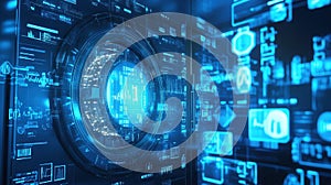 Futuristic digital interface showcasing data and analytics in a high-tech environment