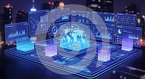 Futuristic digital interface showcasing interactive data visualization and analytics
