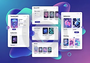 Futuristic digital interface showcasing an NFT marketplace
