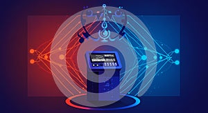 A futuristic digital interface shows a central control panel with a touchscreen