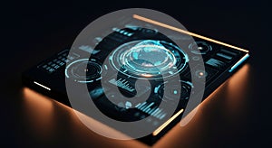 Futuristic digital interface on a square platform, displaying a glowing 3D holographic