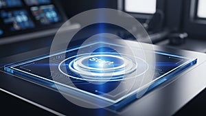 Futuristic digital interface with start button on modern control panel