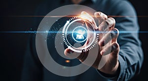 Futuristic digital interface technology hand interaction abstract data flow light rays innovation