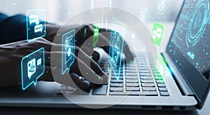 Futuristic digital interface technology hand typing on laptop with data visualization