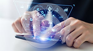 Futuristic digital interface technology hands interacting with holographic screen data