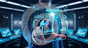 Futuristic digital interface technology person interacting with holographic data visualization screen