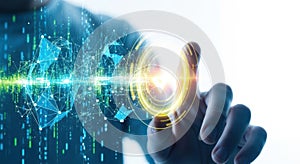 Futuristic digital interface touch interaction with glowing data stream and binary code elements