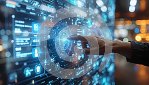 Futuristic Digital Interface with Touchscreen Interaction in Technology Environment