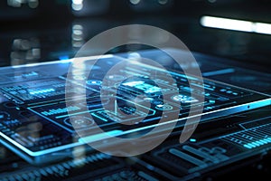 Futuristic digital interface on touchscreen tablet in neon glow AI