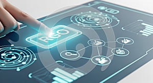 Futuristic digital interface touchscreen technology with glowing icons and data visualization