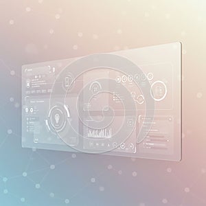 Futuristic digital interface with transparent elements displaying data analytics and