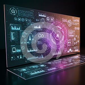 Futuristic digital interface with a transparent glass screen showcasing various data