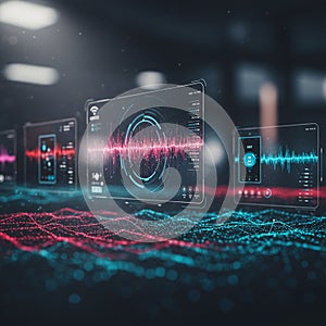 Futuristic digital interface with transparent screens displaying audio waveforms and