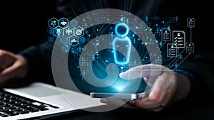 Futuristic Digital Interface with User Interaction Concept Showcasing Technology and Innovation with Mobile Device and