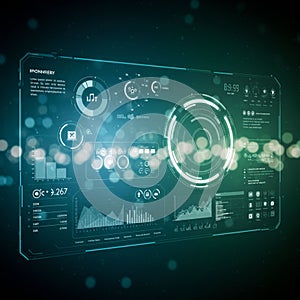 Futuristic digital interface with various data visualizations and controls. Features