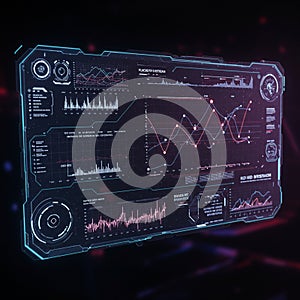 Futuristic digital interface with various graphs, charts, and analytical data displayed