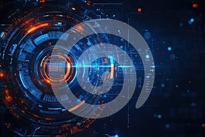 Futuristic digital interface with vibrant blue and orange lights in a technology backdrop