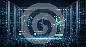 Futuristic digital interface in a virtual data center setting