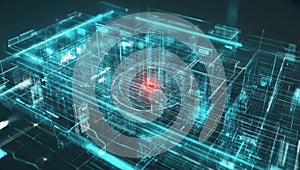 A futuristic digital interface visualizes a high-tech surveillance system with glowing blue schematics and a red