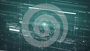 A futuristic digital interface visualizes a high-tech surveillance system with glowing blue schematics and a red