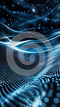 Futuristic Digital Landscape with Abstract Waves and Glowing Dots Under a Starry Night Sky