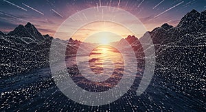 Futuristic digital landscape with binary code and a glowing sunset. The scene