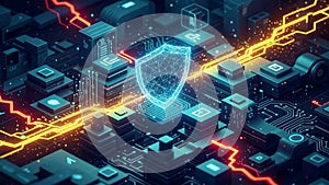 Futuristic digital landscape features a network of interconnected circuits