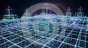 Futuristic digital landscape featuring a complex grid of