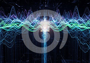 A futuristic digital landscape featuring a