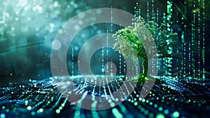 Futuristic digital landscape featuring a glowing tree as a symbol of sustainable innovation and technology driven growth in the photo