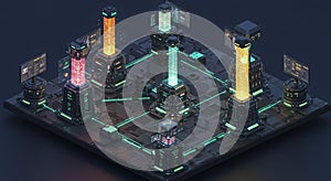 A futuristic digital landscape featuring a network of interconnected