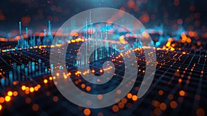 Futuristic digital landscape with glowing data points and grid visualization