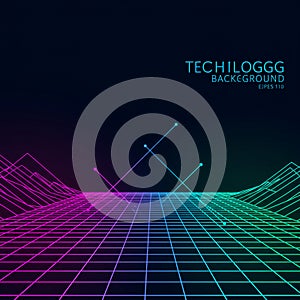 A futuristic digital landscape with a grid pattern creating a 3D perspective. The grid