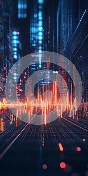 Futuristic Digital Landscape with Neon Lights and Data Visualization in an Urban Environment